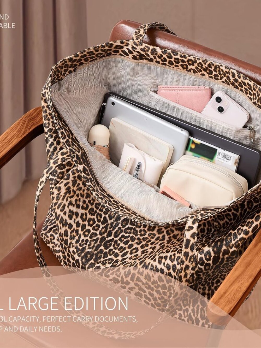 Large Tote Bag Vegan Leather Casual Zipper Work Bag Weekender Hobo for Women 16L - Picture 4 of 7